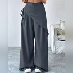 Dark Gray Wrap-Front Wide-Leg Pants